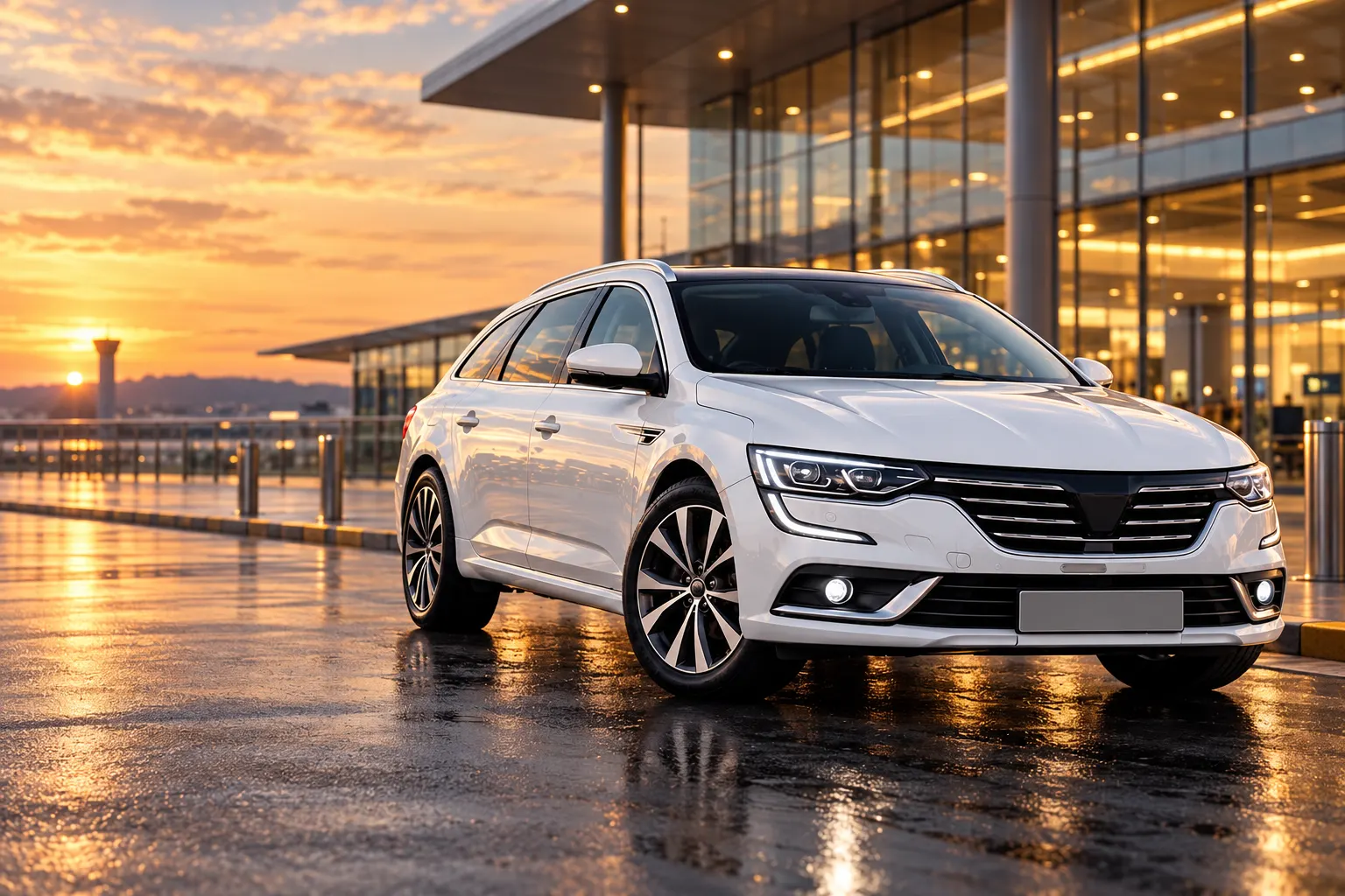 Renault Talisman alb în fața terminalului unui aeroport, la apus